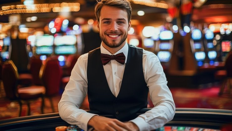 Dealer casino langsung sedang membagikan kartu dalam sesi live streaming